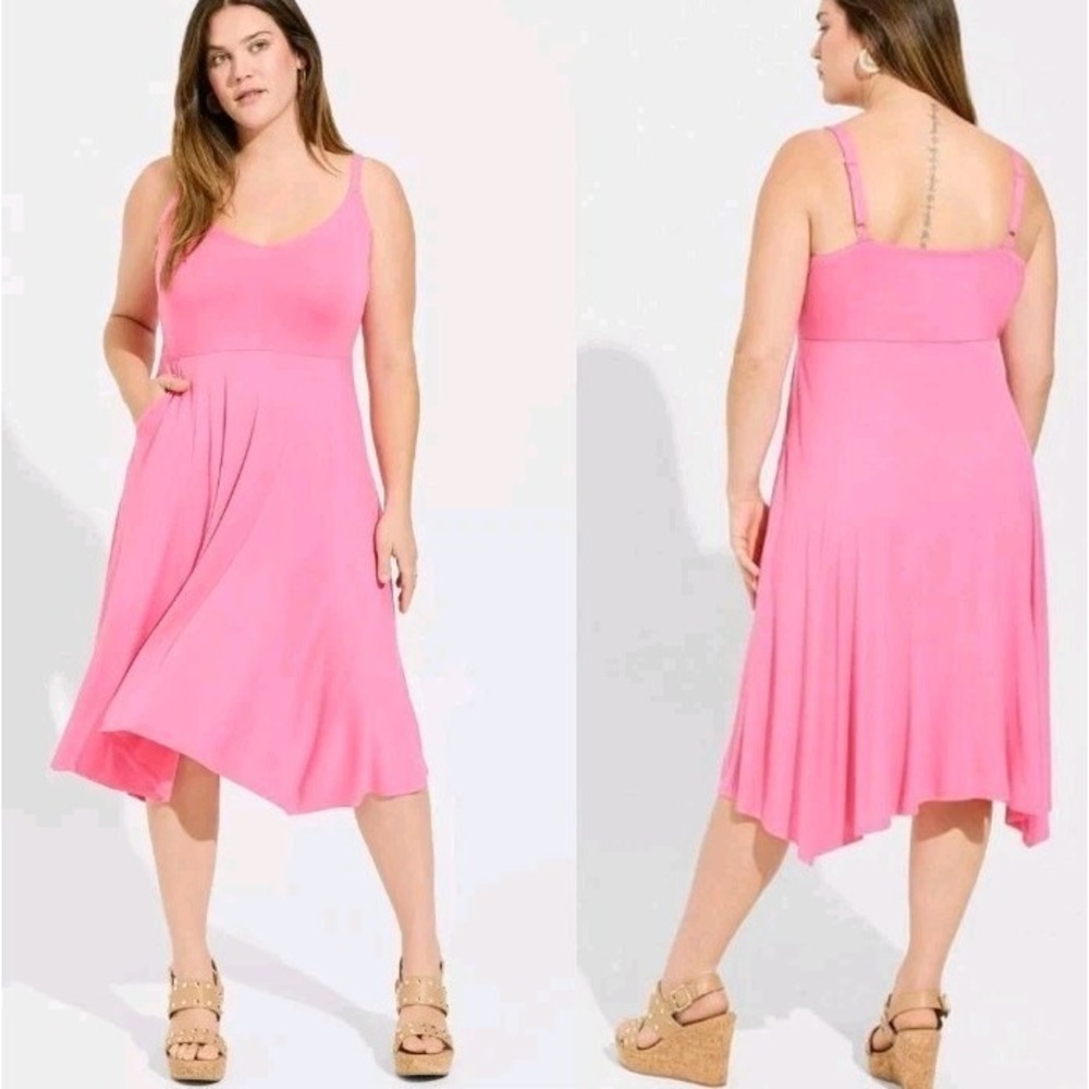 Torrid Pink Super Soft Knit Midi Handkerchief Hem Dress Colorful Flowy Sz 1X NWT